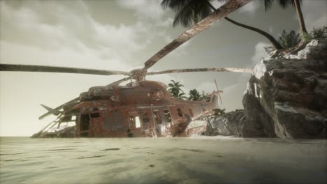 viejo helicóptero militar oxidado cerca de la isla