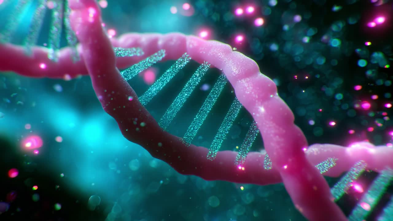 An Exquisite 3D Representation of a DNA Helix, Capturing the Intricate Structure and Vibrant Details of Genetic Material with Sparkling Particles and a Mesmerizing Color Palette