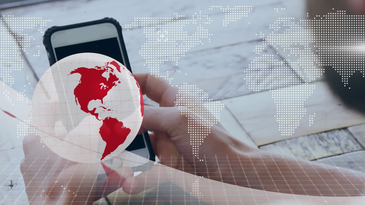 animación del globo sobre el hombre usando un teléfono inteligente