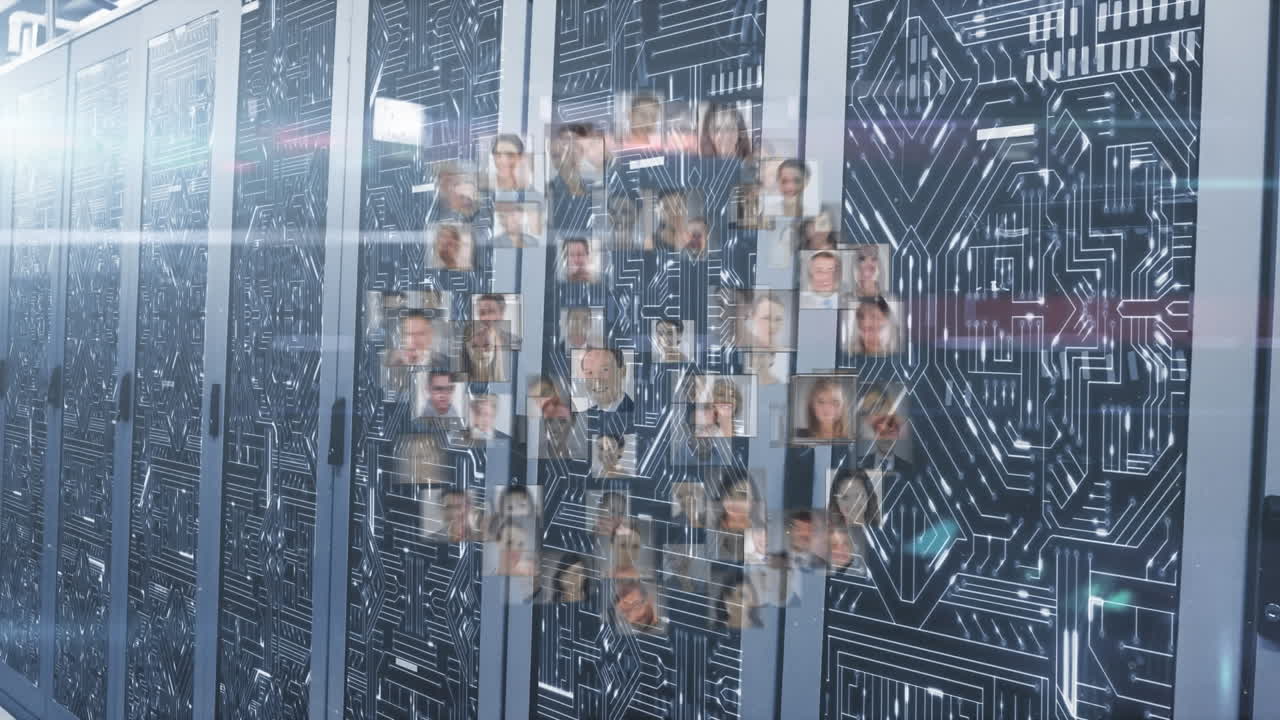 Animation of people icons and light spots over server room