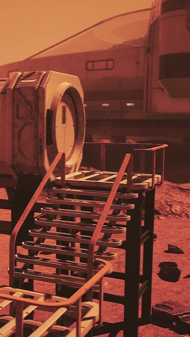 Future base on mars with stairs leading to a spacecraft in red landscape
