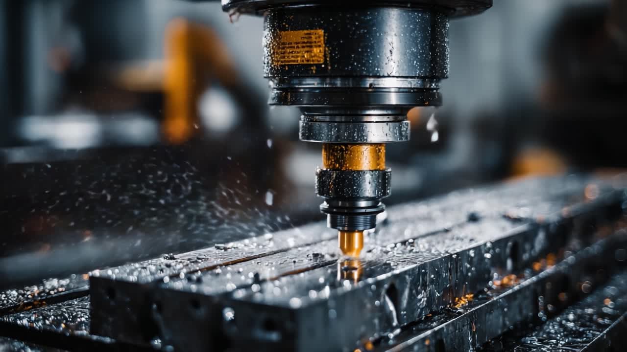 Processus d'usinage de haute précision présentant un outil de coupe en contact avec une surface métallique, soulignant les éclaboussures de liquide de refroidissement et les détails complexes de la fabrication