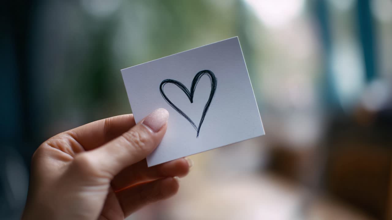 Una mano che tiene un piccolo biglietto con un disegno di un cuore, che rappresenta l'amore, l'affetto e la connessione in un'atmosfera calda e invitante, piena di luce naturale.