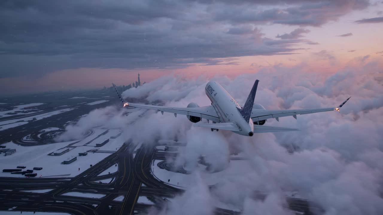 Aerial video shot of a plane flying through clouds at sunset, showcasing a dramatic sky