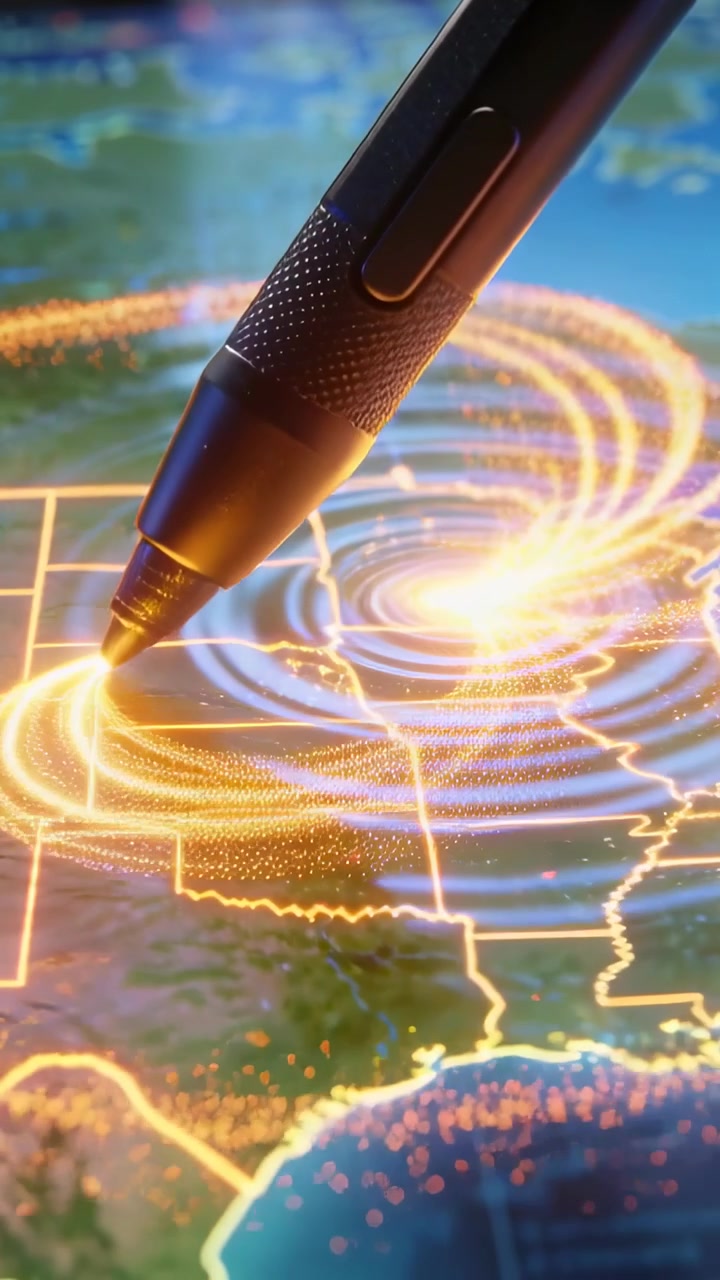 Vertical video: Tapping black stylus tip nearing tabletop screen, making ripples marking central US