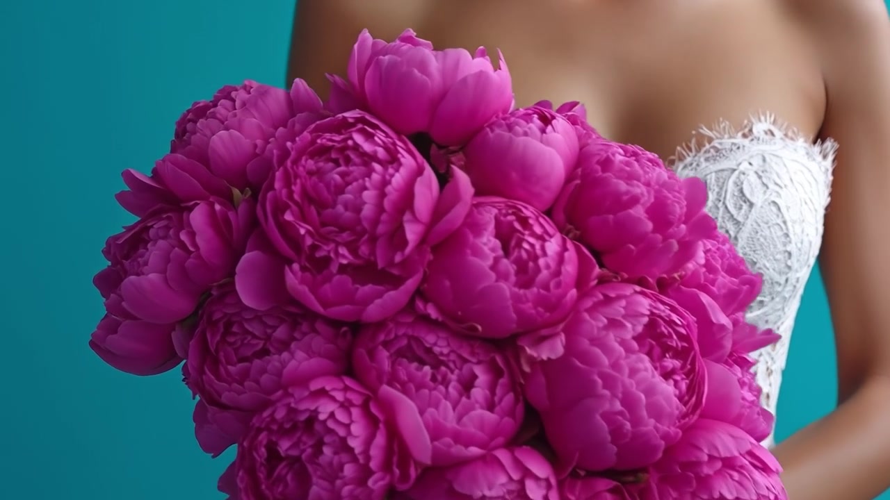 Primo piano di una donna con un abito senza spalline di pizzo bianco che tiene in mano un bouquet di peonie rosa.