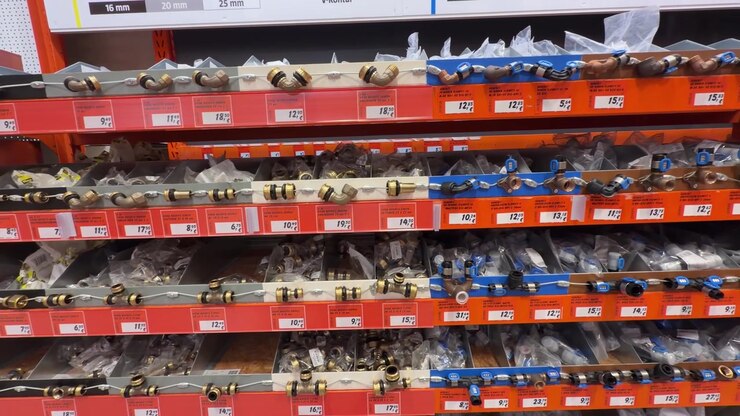 Panning shot across hardware store shelves displaying assorted plumbing fittings, including brass compression fittings, elbows, couplings, adapters, connectors and flexible hoses with retail price lab