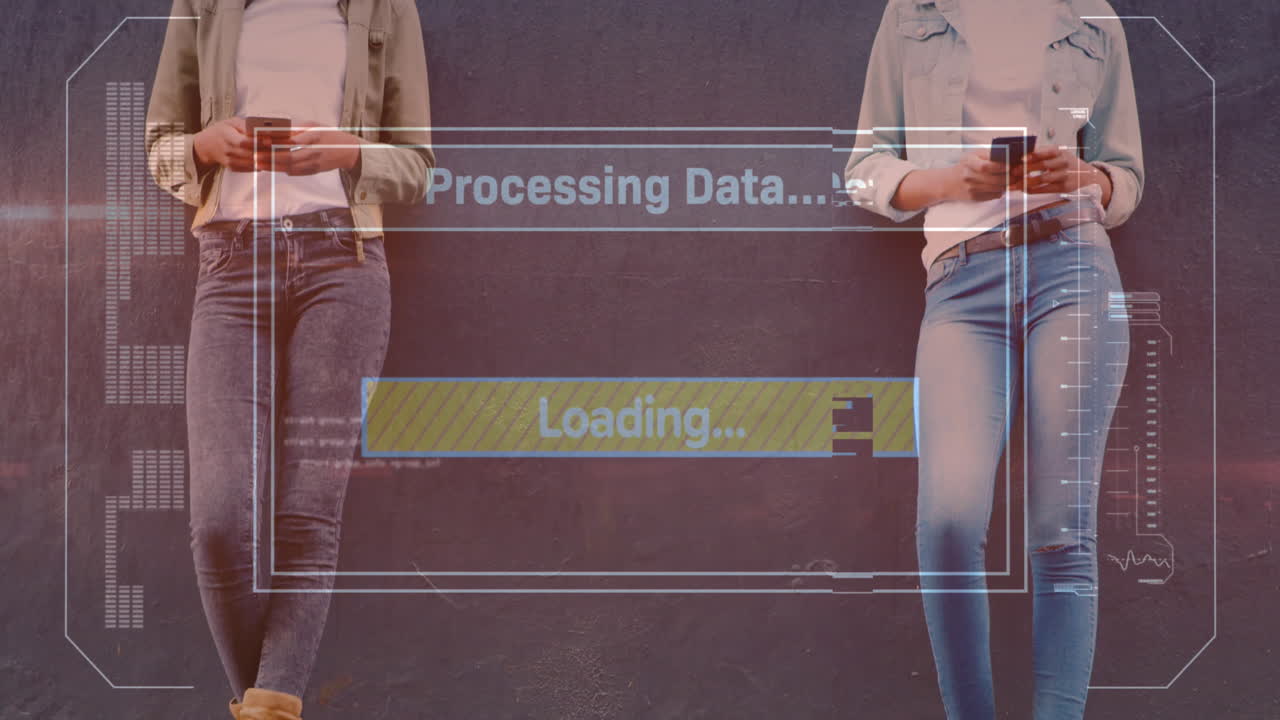 Animation of data processing on screen over women using smartphone