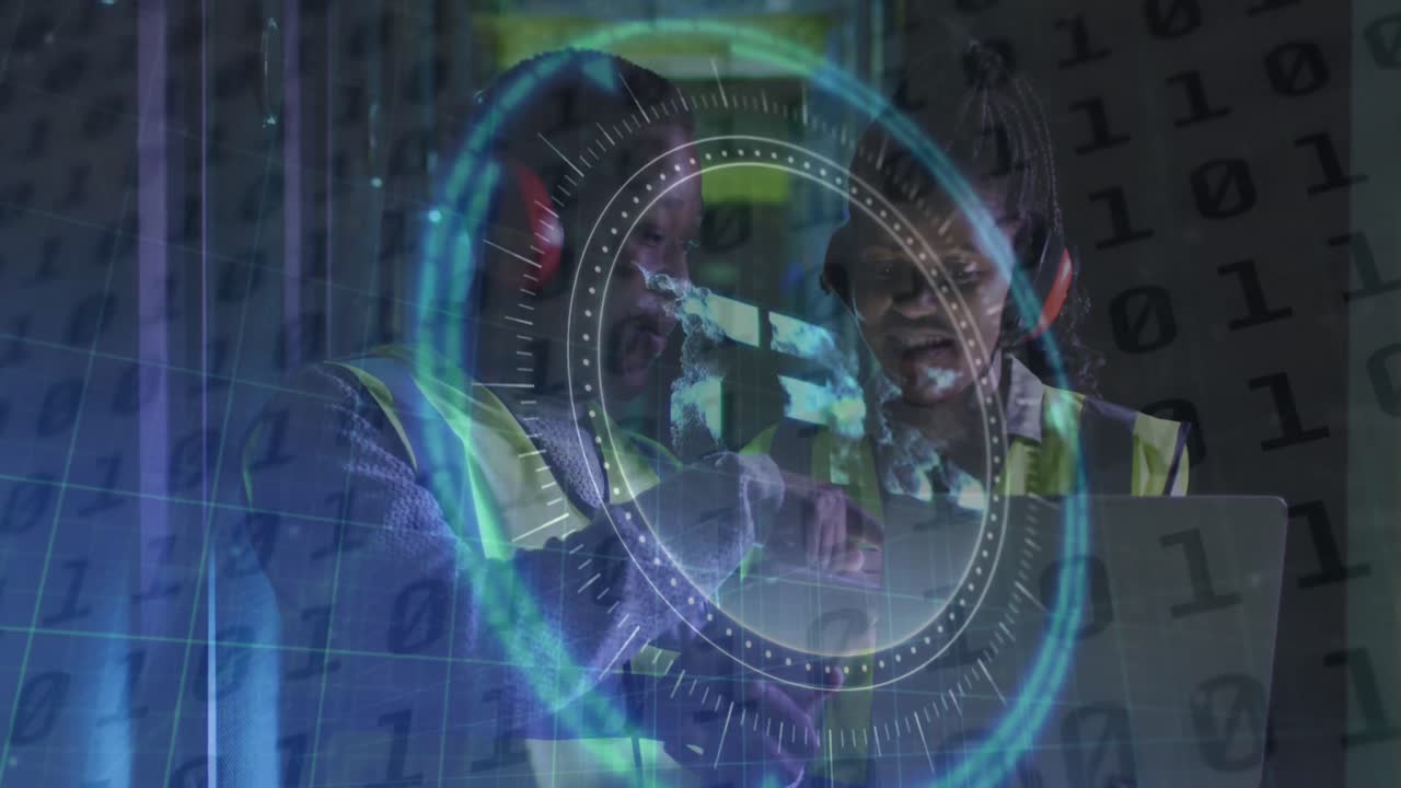 Animation of data processing over african american couple using laptop in server room