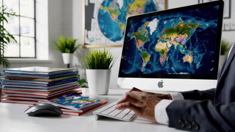 person working on a computer with a world map displayed