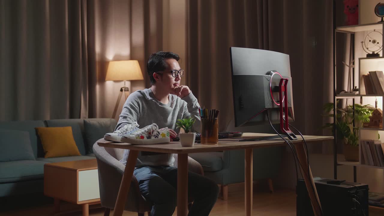 Asian Male Footwear Designer Thinking Then Raising Index Finger While Working On A Desktop Computer At Home