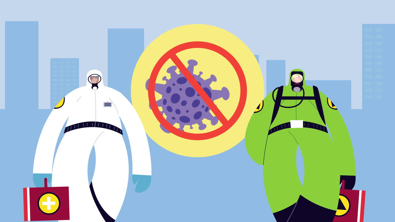 산업 노동자들은 도시에서 코로나19 보호를 위해 바이오 안전복을 입고 있습니다.