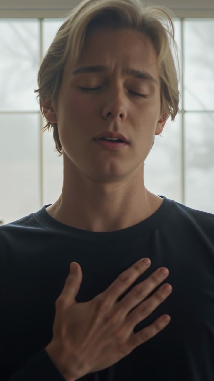 Vertical video: Closing eyes, woman in dark tee holding hand on chest at home, pensive by window