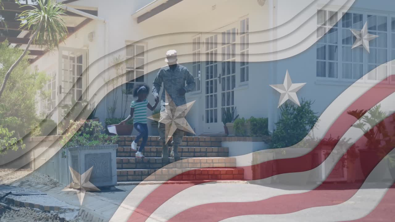 Animação da bandeira dos EUA tremulando sobre um soldado afro-americano sorridente e sua filha