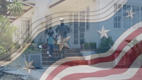 animación de la bandera de ee.uu. ondeando sobre el sonriente soldado afroamericano y su hija