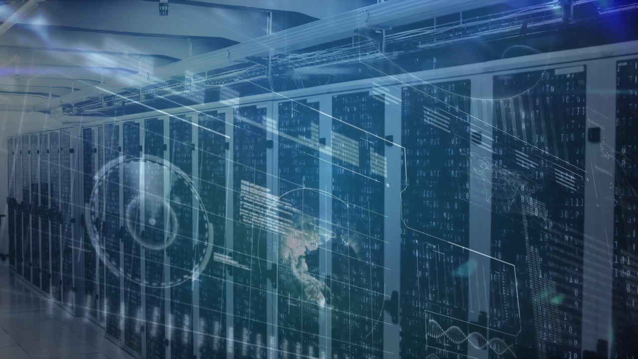 Digital animation of data flow in servers illustrates global internet network concept.