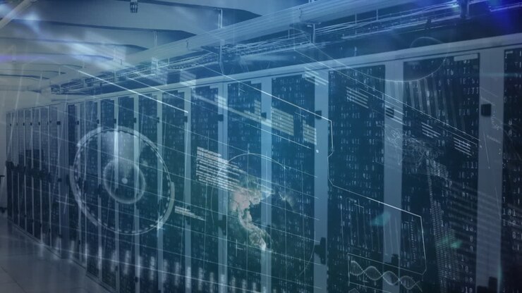 Digital animation of data flow in servers illustrates global internet network concept.