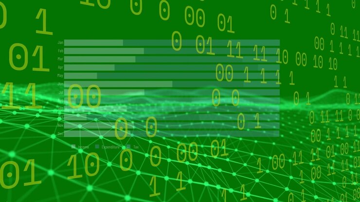 Animation of data processing and wave over green background