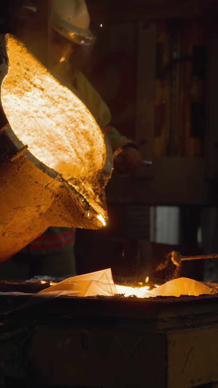 Molten metal being poured from a furnace by a worker in protective clothing