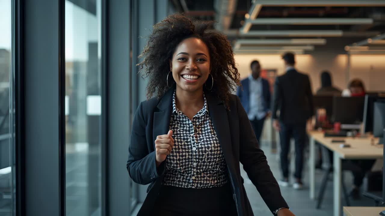 Walking woman wearing blazer beginning walk toward camera along glass office corridor with strap