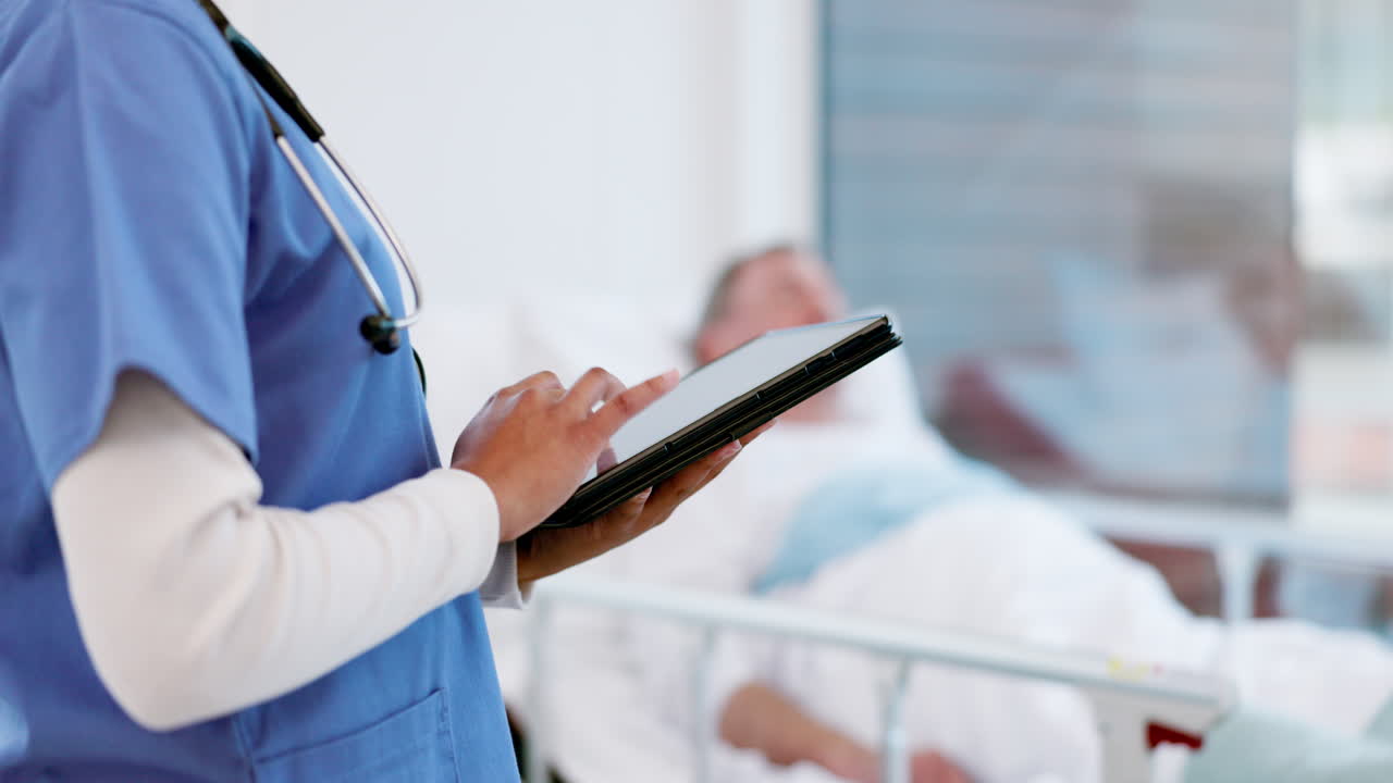 Tablet, woman hands and nurse at hospital