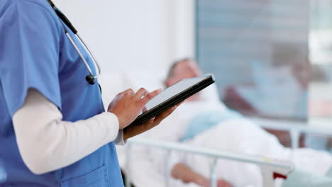 Tablet,-woman-hands-and-nurse-at-hospital