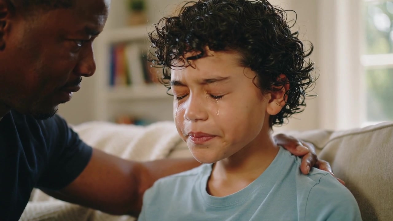 Leaning father placing hand on son, comforting upset son and causing tears on living room sofa