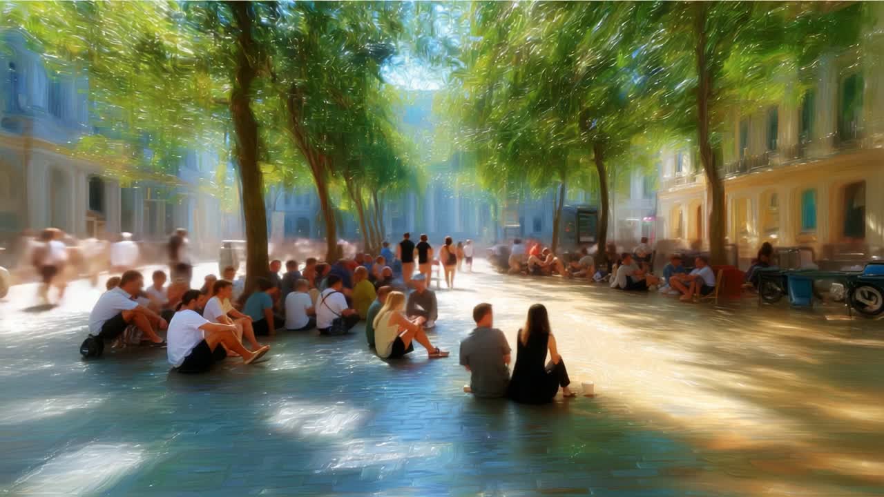 A Bustling Urban Plaza Filled with People Enjoying a Sunny Day Under the Green Canopy of Trees, Capturing the Vibrant Energy of Social Interaction and Relaxation