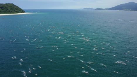 화창한 브라질에서 travessia da fuga das ilhas 수영 경기의 공중 전망