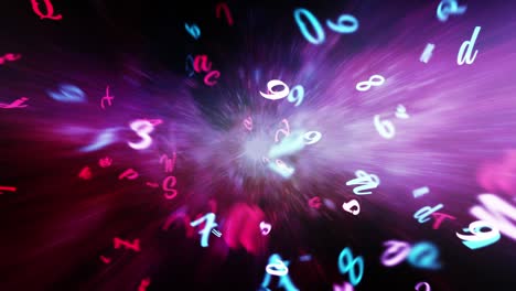 4k 3d rendering looping fondo animado con letras. elemento de diseño de datos de transmisión. letras de bucle sin costuras volando en el espacio fondo literario. resumen para educación, comunicación, tecnología.