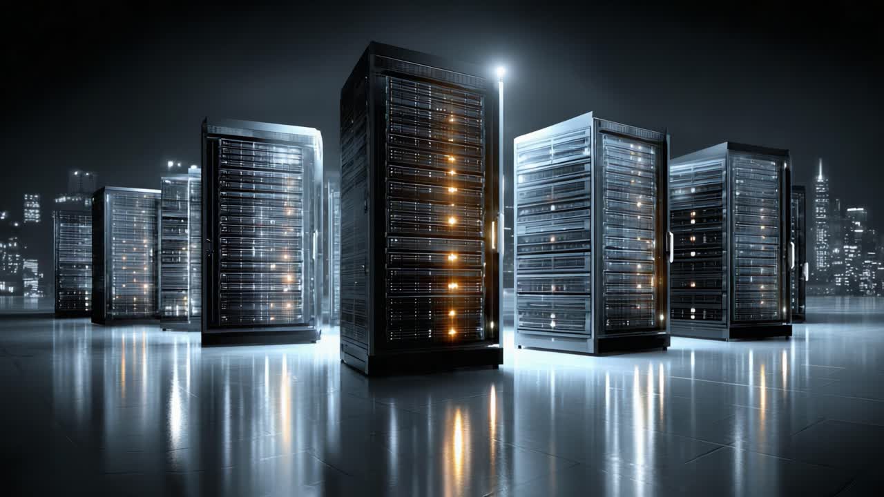 Un centro dati high-tech con file di server illuminati che riflettono la luce in un paesaggio urbano futuristico, che mostra tecnologia e infrastrutture informatiche avanzate