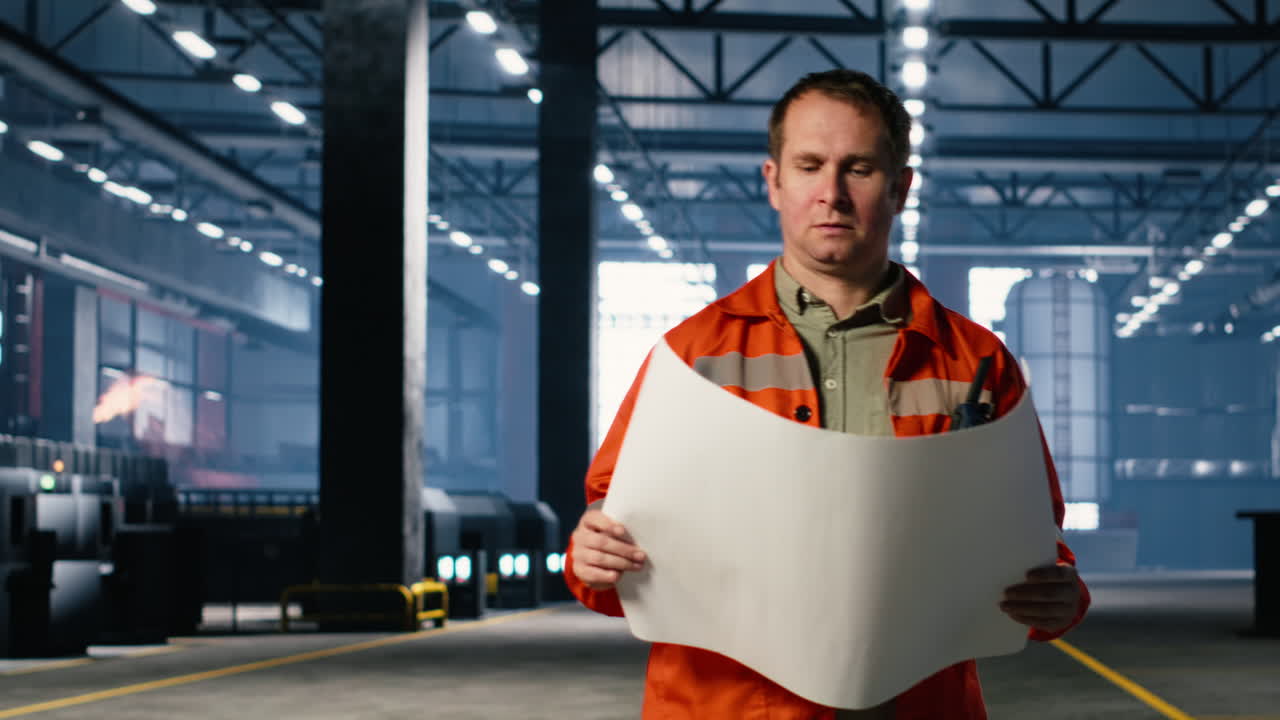 Professional operator walks around steel machinery in industry plant ...