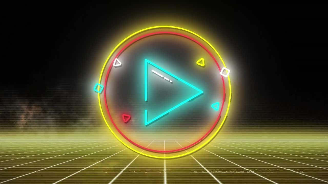 animación del icono del botón de reproducción digital de neón azul parpadeante en un círculo brillante