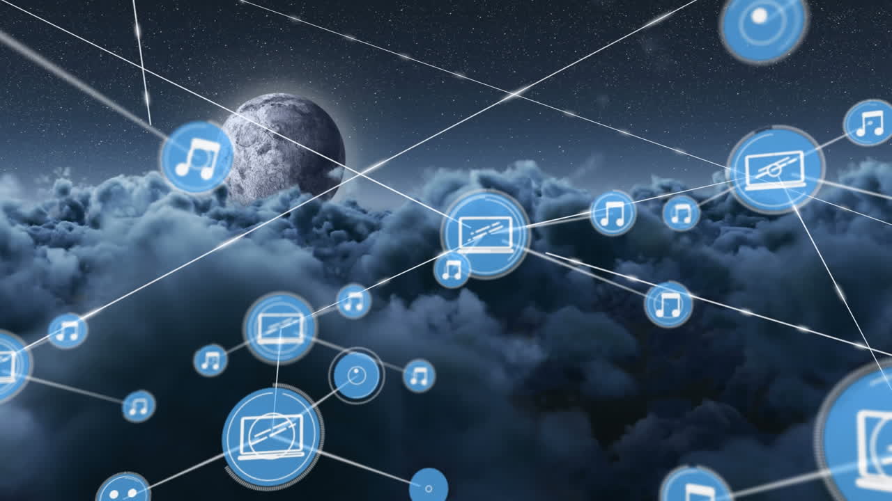 Animation of network of connections with icons over moon, sky with clouds