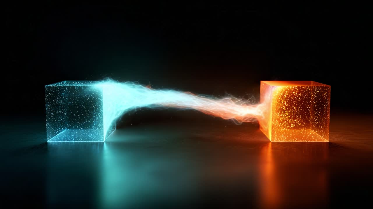 A Stunning Visual of Energy Transfer: Two Glowing Cubes Sharing an Electrifying Connection Through a Stream of Luminous Particles, Emphasizing the Dynamics of Light and Color Interplay