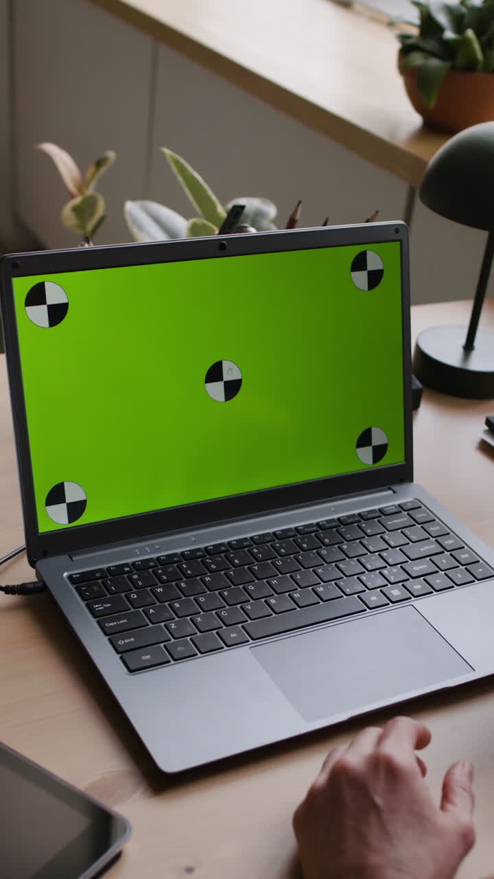 Ordinateur portable avec écran vert et mire de calibration