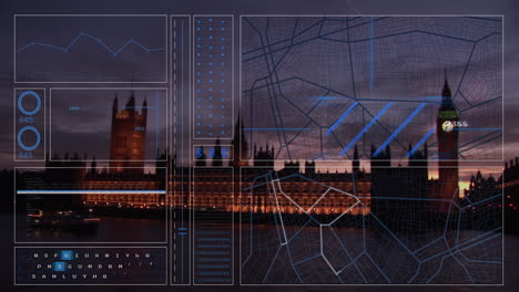 animation of interface with data processing against aerial view of sea and cityscape