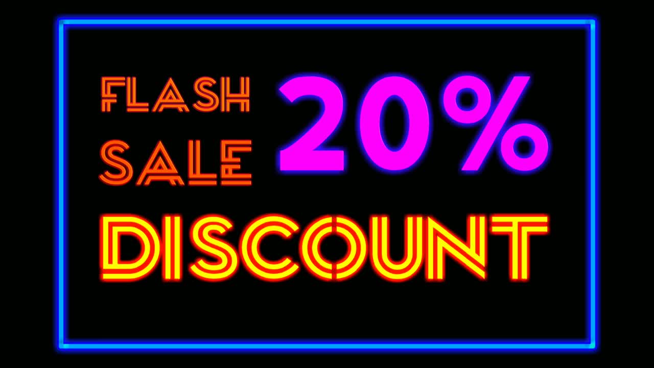 Testo al neon "offerta lampo 20% di sconto" su sfondo nero. Black Friday, grande evento di saldi per la promozione di negozi, vendita al dettaglio, resort, bar. Concetto commerciale per display