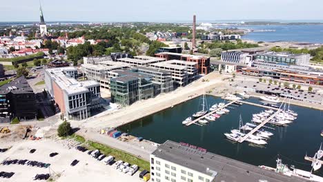 modern pier and buildings in tallinn city, aerial drone view