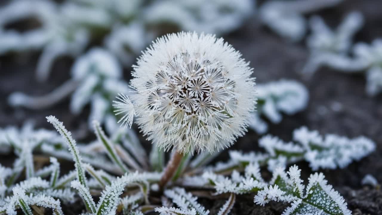 A Captivating Close-Up of a Frost-Covered Dandelion Puffball, Displaying Intricate Frost Patterns Against a Rugged Natural Background