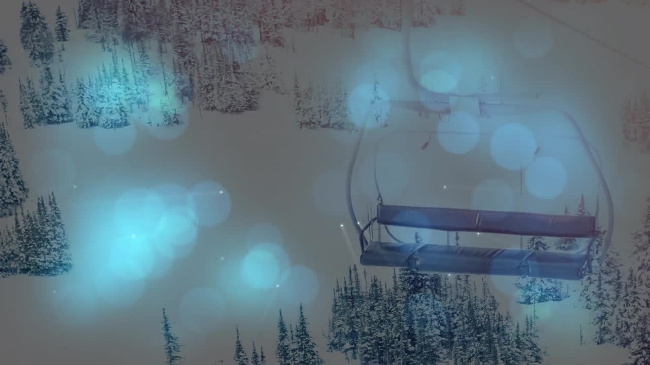 스키 의자 엘리베이터와 겨울 풍경 위의 빛의 반점의 애니메이션