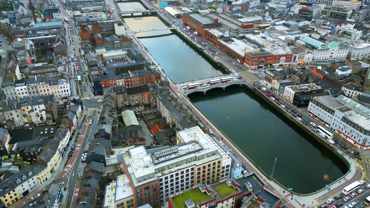 Aerial drone view of the center of Cork city in Ireland in daylight