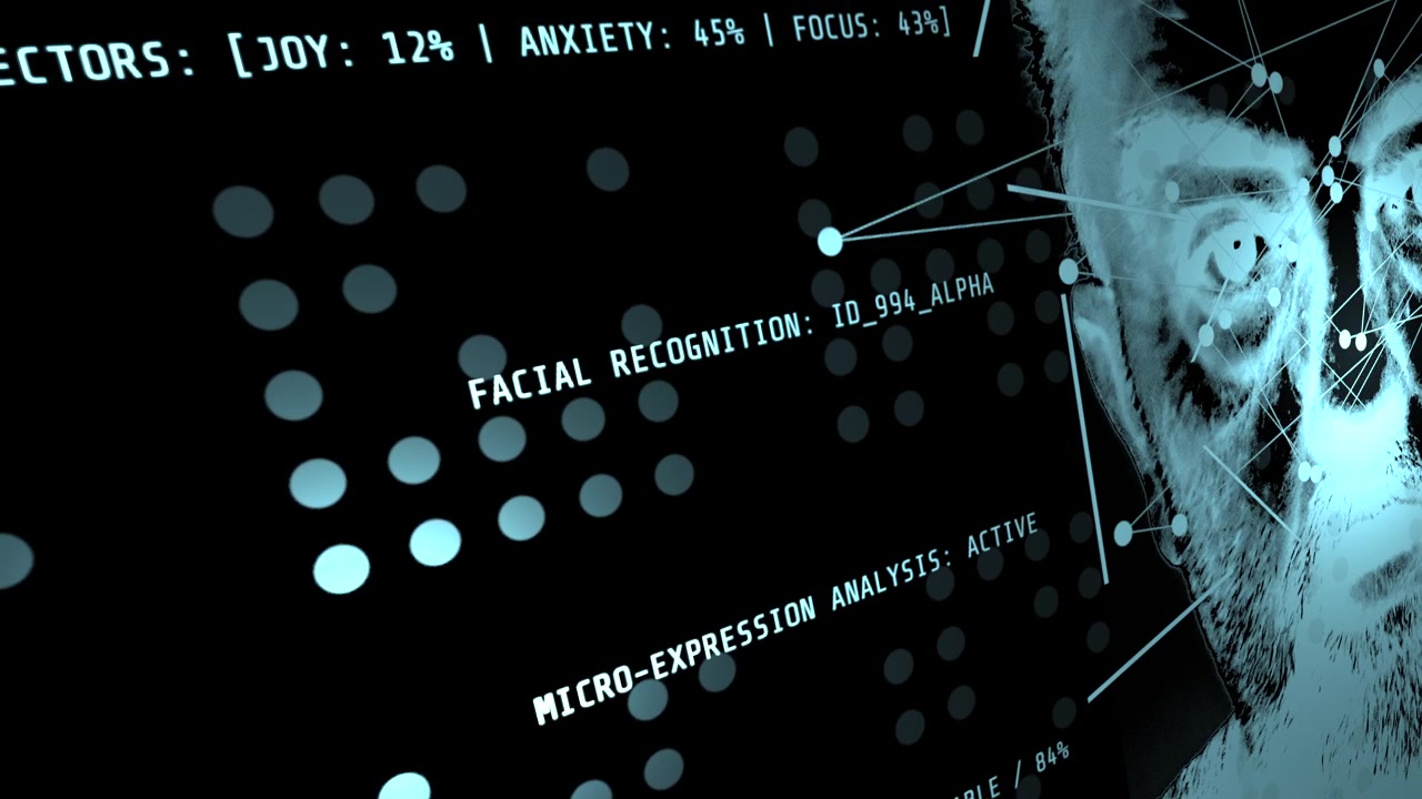 Animated biometric dashboard visualizing AI-powered facial recognition, identity matching, and data analytics, ideal for cybersecurity, privacy, surveillance, and technology content.
