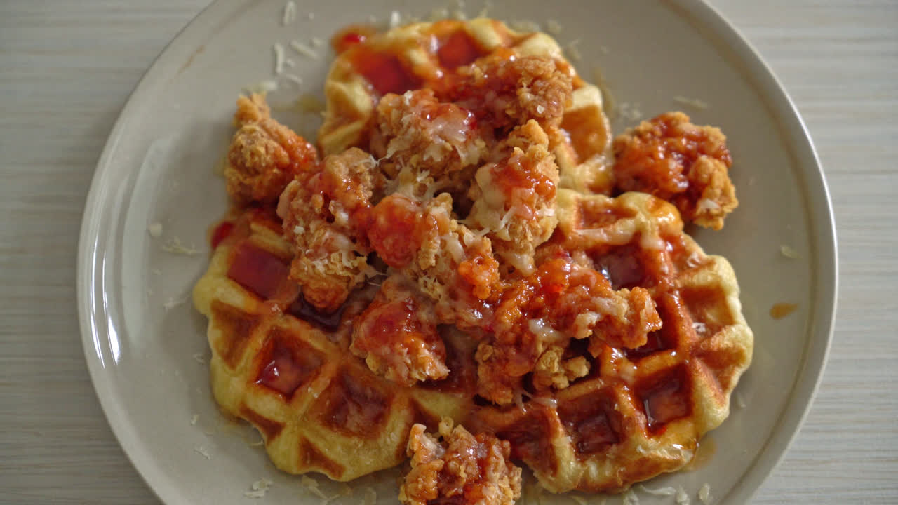 와플과 치즈를 곁들인 홈메이드 프라이드 치킨