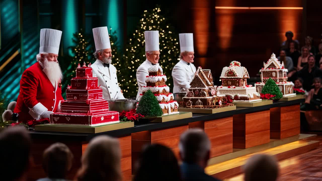 A Spectacular Display of Culinary Artistry: Renowned Chefs Showcase Beautifully Crafted Gingerbread Creations in a Festive Holiday Competition Setting, Filled with Joy and Creativity Amidst a Cheerful Atmosphere