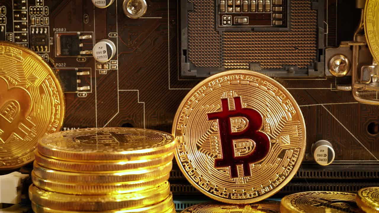 monedas de oro bit btc monedas en la placa base. bitcoin es una criptomoneda mundial y sistema de pago digital llamado la primera moneda digital descentralizada.