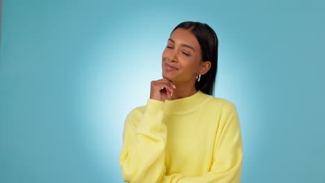 Happy, woman and thinking of idea