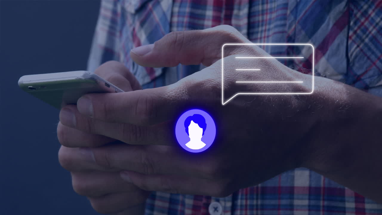 animación del perfil de neón y el icono del mensaje contra la sección media del hombre usando un teléfono inteligente
