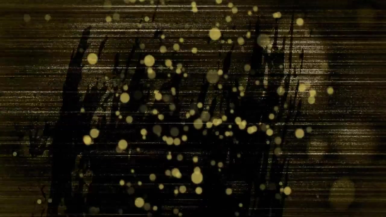 Con una linea di glitch che si sposta, particelle dorate che si muovono verso l'esterno attorno a una macchia che mostra un effetto glitch