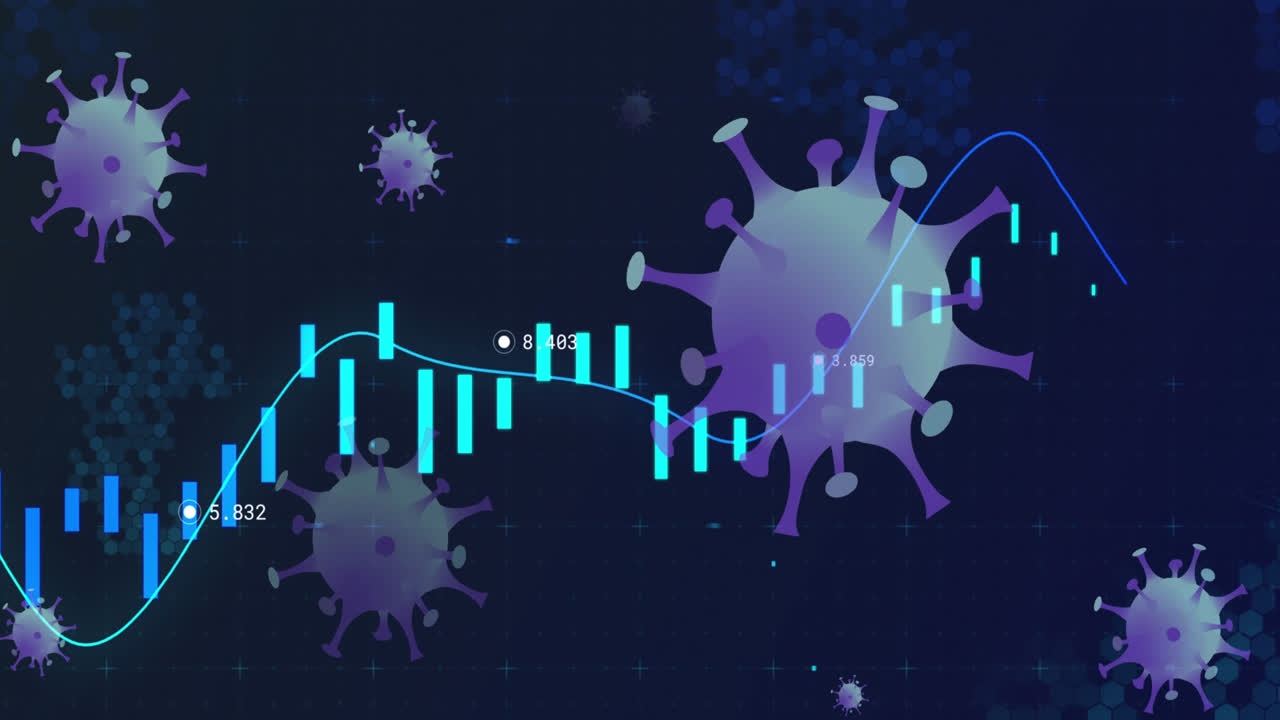 animación de células de virus que flotan sobre el procesamiento de datos